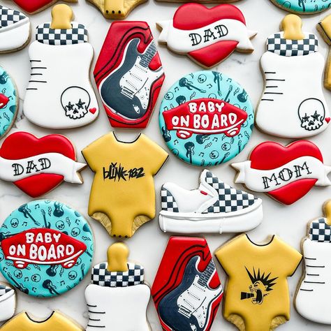 Mandy Edmunds | Have you ever seen baby shower cookies that rocked so hard? 👶🏻🤘🏻 These new parents requested a “Vans Warped Tour” theme, complete with… | Instagram Rock And Roll Gender Reveal, Baby On Board Vans Baby Shower Ideas, Vans Themed Baby Shower, Edgy Baby Shower Theme, Punk Rock Baby Shower Ideas, Skater Baby Shower Ideas, Vans Baby Announcement, Rock A Bye Baby Shower Theme, Punk Baby Shower Ideas