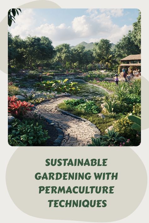 Sustainable garden with pond and diverse plants, people in the background. Permaculture Garden Layout, Permaculture Design Layout, Permaculture Backyard, Take Care Of The Earth, Bill Mollison, Permaculture Farm, Nature Guide, Permaculture Design Course, Farming Ideas