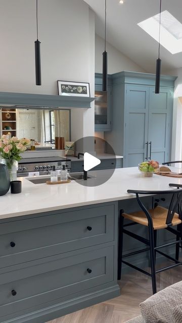 Thomas James Kitchens on Instagram: "A beautiful blue kitchen. There’s a really lovely depth to the cabinetry colour here - hand painted with @farrowandball’s De Nimes shade 💙 We love how the appearance of the blue changes in differing light.

What do you think of this design? 

#luxurykitchen #kitchendesigner #bespokekitchen" De Nimes Kitchen Cabinets, De Nimes Painted Furniture, Winter Blue Kitchen Wren, De Nimes Kitchen, Kitchen Cupboard Colours, Farrow And Ball Kitchen, Black Kitchen Handles, Cupboard Colors, Breakfast Essentials