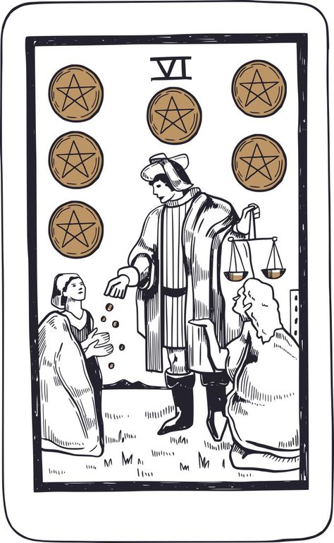 The Six of Pentacles in Tarot is a card that represents balance, fairness, and generosity. This card is associated with the element of Air and the astrological sign of Libra, both of which represent balance, harmony, and justice. Six Of Pentacles, Element Of Air, Pentacles Tarot, Moon Magick, Pentacles, Tarot Cards Art, Minor Arcana, Astrological Sign, Astrology Signs