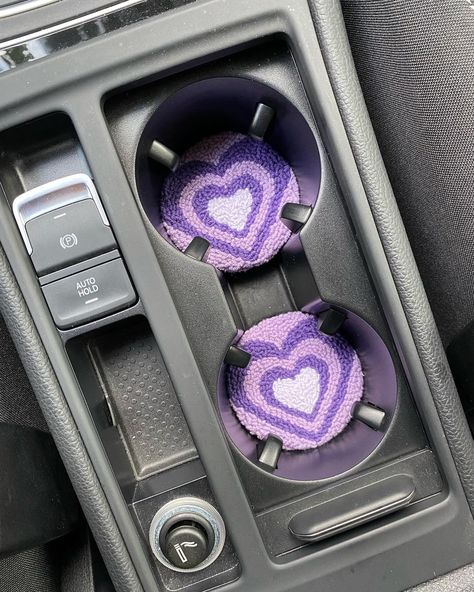 Punch Needle Handmade Car Coasters, Purple and Brown Heart Car Accessories, Pink and Green Heart Car Mug Rug, Christmas Gift -  #accessories #Brown #Car #Christmas #Coasters #gift #Green #handmade #Heart #Mug #Needle #pink #punch #Purple #Rug Purple Car Interior Accessories, Light Purple Car Accessories, Purple Car Interior Decor, Lavender Car Interior, Heart Car Decor, Purple Car Interior Ideas, Kuromi Car Decor, Purple Car Interior Aesthetic, Purple Car Decor