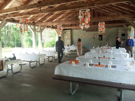 decorating a pavilion for a wedding reception | They rented a beautiful pavilion. Outdoor Babyshowers, Picnic Shelter Wedding Reception, Park Wedding Decorations, Pavilion Wedding Decorations, Beautiful Pavilion, Pavilion Decorations, Hippie Weddings, Pavilion Party, Picnic Table Wedding