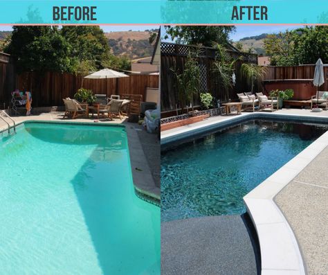 Dark Blue Pebbletec Pool with Baja Shelf: Before and After | Ramshackle Glam Pool Upgrades Before And After, Pool Update Before And After, Pool Renovation Before And After, Dark Pool Aesthetic, Pool Remodel Before And After, Pool Resurfacing Ideas, Pool With Baja Shelf, Farm Pool, Exterior Aesthetic