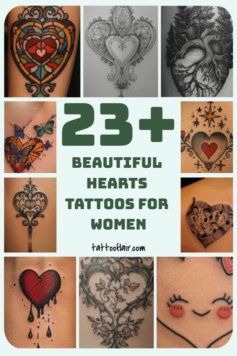 Explore stunning hearts tattoo designs for women that symbolize love, strength, and individuality. Whether you're into intricate linework or watercolor styles, these hearts tattoo ideas for women are sure to inspire your next ink masterpiece. From delicate small heart tattoos to bold and colorful designs, there's a perfect heart tattoo waiting for you. Embrace your femininity and show off your unique personality with these beautiful hearts tattoos for women. Heart And Lock Tattoo, Beautiful Heart Tattoo, Multiple Hearts Tattoo, Colored Heart Tattoo, Heart Cover Up Tattoo, Immaculate Heart Tattoo, Heart Sleeve Tattoo, Shattered Heart Tattoo, Immaculate Heart Of Mary Tattoo