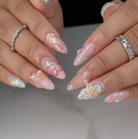 𓆤 the fairycore combo 🦋 custom design on Medium Almond Gelx 🧚🏻 #nailinspo #naildesign #fairycorenails #gardennails #nailart #3dflowernails Forest Fairy Nails, Fairycore Nails, Nail Designs Almond, Fairy Nails, Nail Store, 3d Flower Nails, Medium Almond, Forest Fairy, Fairy Core