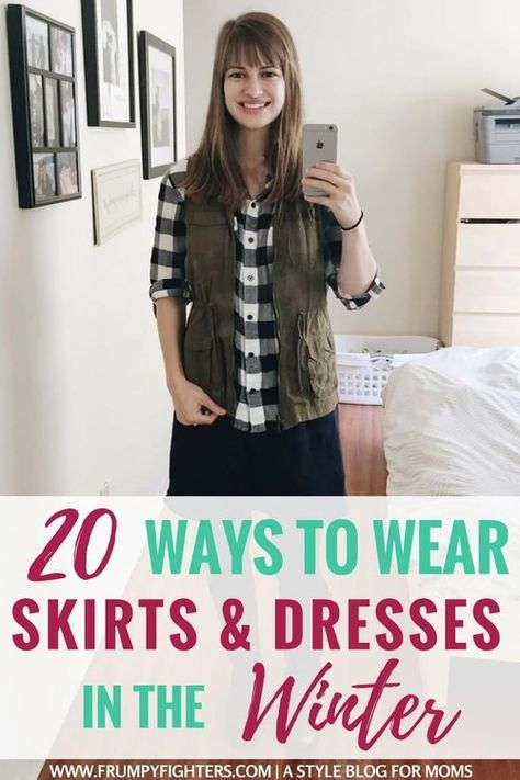 Fight the mom frump in winter too! Here are some outfit ideas for wearing skirts and dresses when it's cold. These looks are #momlife friendly and so cozy for both staying at home or going on errands. Look like a chic mom despite the cold this fall and winter! #winter #fall #moms #outfits #ideas #fashion #style #stayathome Apostolic Capsule Wardrobe, Fall Modest Outfits Apostolic Fashion, Apostolic Winter Outfits, Apostolic Fashion Fall, Casual Church Outfits Fall, Winter Skirt Outfit Cold Weather, Winter Outfits With Skirts, Easy Capsule Wardrobe, Black Leggings Outfit Fall