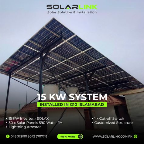 #Solarlink is bringing next-level energy solutions to Islamabad! 😎 This G10 installation combines reliable solar power with advanced lightning protection for maximum peace of mind. - Components: 📱 15 KW Inverter - SOLAX 🔰 30 x Solar Panels - JA ✂️ 1 x Cut-off Switch 👨‍🔧 Customized Structure ✅ Lightning Arrester - Benefits: - Added security from lightning strikes ⚡ - Protection against power outages 💡 - Added security from lightning strikes ⚡ - Investment in a reliable energy future ☀️ ☀... Solar Energy Design, Solar Solutions, Solar Installation, Power Outage, Lightning Strikes, Sustainable Energy, Solar Panel, Solar Energy, Solar Power