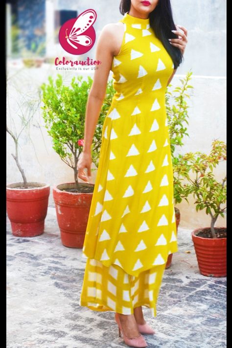 Yellow Printed Rayon Sleeveless Asymmetric Kurti Set Long Kurti Designs Sleeveless, Yellow Cotton Kurti Design, Sleeveless Designs For Dresses, Rayon Kurtis Design Printed, Sleeveless Suit Designs Indian Style, Sleeveless Design For Kurtis, Sleeveless Kurta Designs, Sleeveless Kurti Designs Cotton, Printed Kurta Designs Women