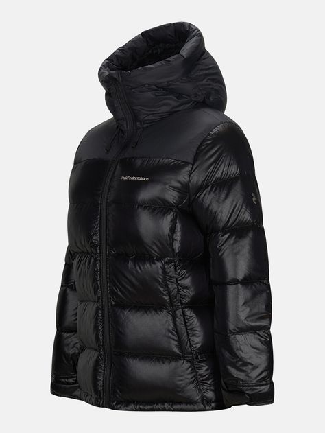 Frost Glacier Down Hooded Jacket Women Black | Peak Performance Peak Performance Jacket, Duck Down, Peak Performance, Jacket Women, Retro Inspired, Casual Wear For Men, Down Jacket, Hooded Jacket, Casual Wear