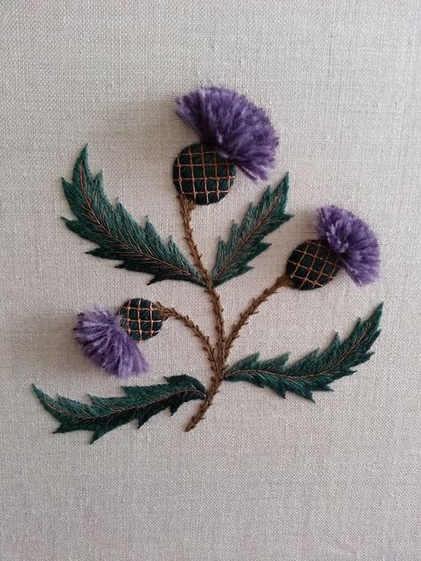 Scottish Thistle that I stitched for my Mother Thistle Applique Pattern, Scottish Embroidery, Thistle Embroidery, Thistle Crafts, Scottish Crafts, Thistles Art, Thistle Pattern, Thistle Design, Textile Art Embroidery