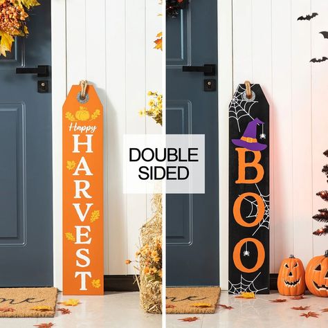 Glitzhome 35.5"H Fall/Halloween Wooden Double Sided Harvest / Boo Porch Sign - On Sale - Bed Bath & Beyond - 40370629 Black Wood Background, Thanksgiving Inflatables, Halloween Porch Sign, Outdoor Thanksgiving, Halloween Wood Signs, Happy Harvest, Halloween Porch Decorations, Fall And Halloween, Orange Wood