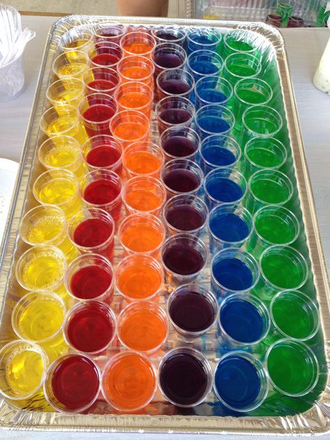 Rainbow Birthday Party For Adults, Color Themed Party Food, Fiesta Rainbow Friends, Color Party Food, Rainbow Friends Birthday Party, Rainbow Friends Birthday, Mini Spoons, Jello Cups, Rainbow Themed Birthday Party