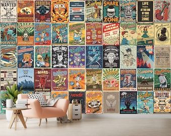 Vintage Collage Wall, Retro Wallpaper Vintage, Vintage Mural, Art Wall Mural, Pop Art Vintage, Wallpaper Retro, Wall Mural Wallpaper, Book Shop, Wallpaper Modern