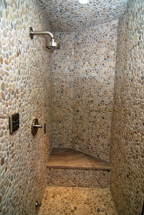 Pebble Tile Shower Pebbles Bathroom, Rustic Walk In Shower Ideas, Pebble Shower, Pebble Tile Shower, Pebble Shower Floor, Pebble Tiles, Stone Tile Bathroom, Pebble Floor, Stone Shower