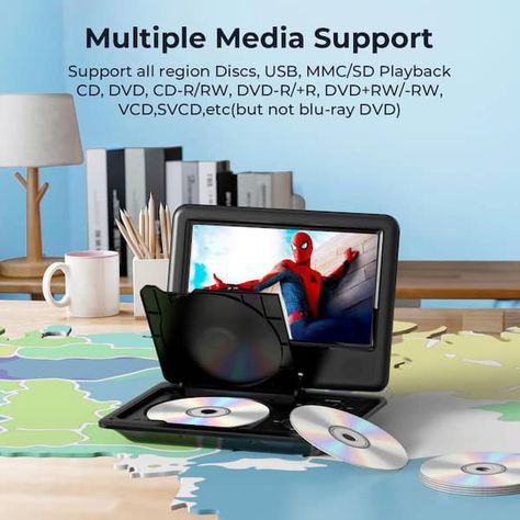 11.5" 800p Portable DVD Player, 9" Swivel Screen, Support CD/DVD/SD/USB, R/C, Car Charger, Power Adaptor, Car Headrest