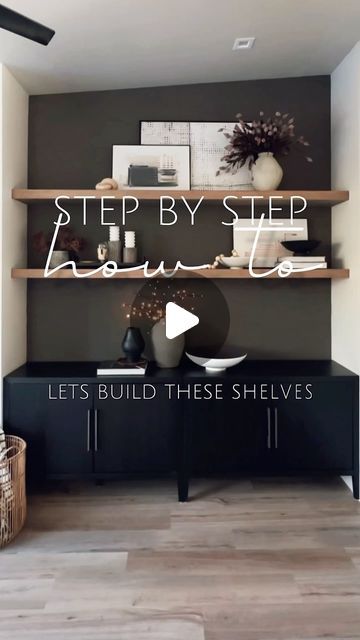 TIFFANY |  home styling & creative DIY projects on Instagram: "STEP-BY-STEP: Sturdy 8’ Floating Shelves

🤎 LIKE and SAVE 🤎

Want to elevate your space? Here’s how I built custom floating-inspired shelves with extra support for a sleek look.

🤎comment SHELF and I’ll send you my detailed supply list with links🤎

What I used:

	•	1/2” white oak plywood (16” deep)
	•	1/2” plywood strips (1 1/2” wide) or 1x2s
	•	2x2s for added support
	•	1x3 oak boards
	•	Angle brackets for reinforcement
	•	Wood glue, brad nails, and screws

Step-by-step:

-1- Stain all wood after cutting to rough dimensions.
-2- Install 1/2” plywood strips (or 1x2s) along the back and sides of the shelf location, securing with a nail gun.
-3- Support trick: Use angle brackets on top of the plywood strips, securing them to Beadboard Installation, Landry Room, Office Redo, Custom Floating Shelves, Diy Cabinet, Oak Floating Shelves, Design Hacks, Oak Plywood, Build Floating Shelves