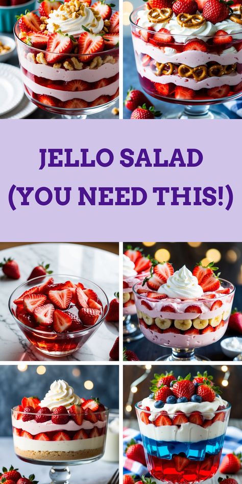 This pin showcases various Jello salad recipes with a strawberry theme. It features images of Jello salads in glass bowls, highlighting layers of jello, whipped cream, and fruits like strawberries and bananas. The pin aims to inspire viewers to create refreshing and visually appealing Jello desserts Easy Jello Salad Recipes, Easy Jello Salad, Jello Salad Recipes, Fruit And Whipped Cream, Fun Dessert, Jello Salad, Cool Recipes, Crowd Pleaser, Strawberry Recipes