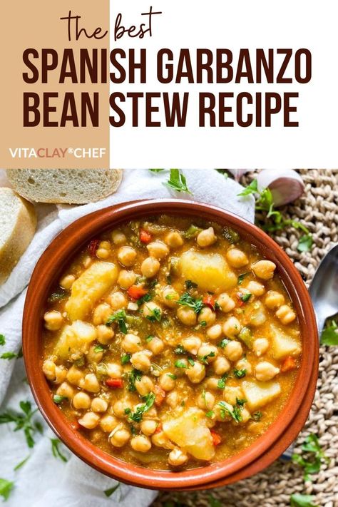 The best Spanish garbanzo bean stew recipe made in VitaClay one pot! Perfect for a tasty, easy dinner. Spanish Garbanzo Bean Stew, Crockpot Garbanzo Beans, Chickpea Bean Recipes, Slow Cooker Garbanzo Beans, Ground Turkey Garbanzo Beans, Soups With Garbanzo Beans, Garbanzo Bean Crockpot Recipes, Garbanzo Bean And Rice Recipes, Garbanzo Bean Recipes Instant Pot