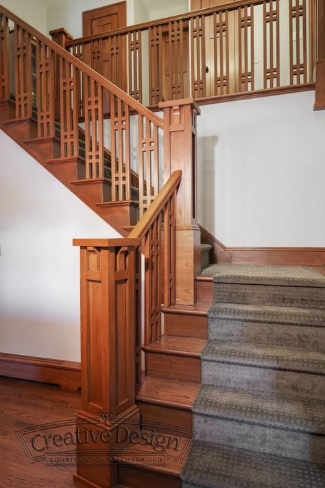 Arts And Crafts Stair Railing, Craftsman Staircase Ideas, Craftsman Newel Post, Craftsman Style Staircase, Stair Railing Design Wooden, Wooden Staircase Railing Modern, Wooden Stairs Railing Design, Staircase Railing Design Wooden, Craftsman Stair Railing