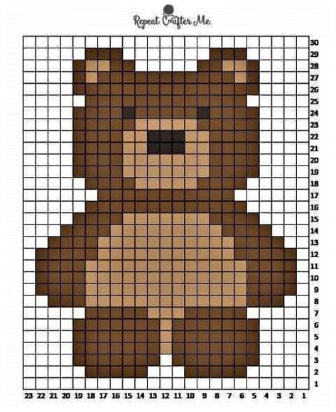 Bear Pixel Pattern, Bear Grid Pattern, Crochet Pixel Grid Ideas, Basic Pixel Art, Teddy Bear Pixel Art, Bear Alpha Pattern, Pixel Art Bear, Pixel Grid Ideas, Bear Pixel Art