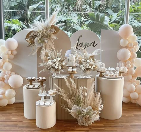 Boho Bautizo Decor, Neutral Color Party Decor, Neutral Baptism Decor, Baptism Decorations Backdrops, Boho Baptism Decorations, Baby Girl Christening Decorations, First Communion Backdrop Ideas, Boho Bautizo, Girl Christening Decorations