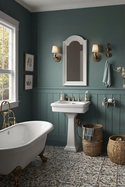 interior designer, home decor, bathroom renovation, wall painting Small Green Bathroom Ideas Paint, Dusty Teal Bathroom, Smokey Blue Bathroom, Bathroom Paint Colors For Small Bathroom, Two Tone Bathroom Walls, Small Bathroom Wall Colors, Blue Bathroom Paint, Blue Green Bathrooms, Taupe Bathroom