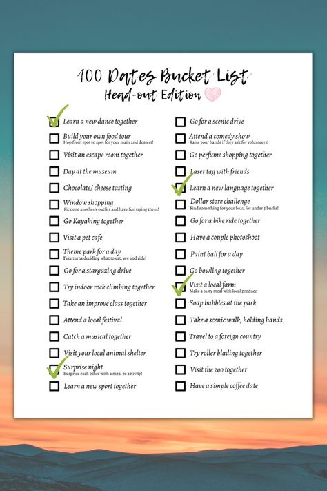 100 Dates Bucket List, Date Ideas Diy, Date Bucket List, 100 Date Ideas, List Date, Fun Date Ideas, Romantic Stuff, Date Night Games, Date Activities