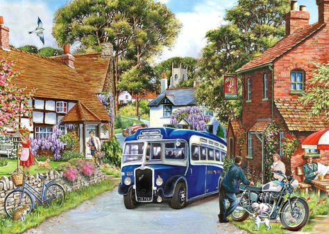 Jigsaw Pictures, Transport Art, Transport Illustration, Best Jigsaw, Vintage Village, Nostalgic Art, Biker Art, 500 Piece Jigsaw Puzzles, Bus Coach