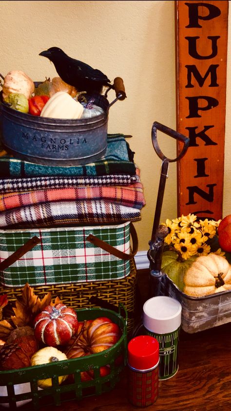 Plaid blankets, pumpkins and vintage plaid picnic baskets and thermoses part of my fall decor Vintage Picnic Basket Repurposed, Fall Plaid Blanket, Vintage Picnic Basket Decor, Painted Vintage Picnic Basket, Antique Picnic Basket, Plaid Blankets, Vintage Fall Decor, Vintage Thermos, Wicker Picnic Basket