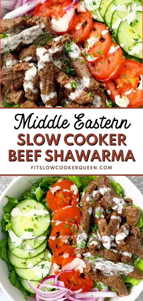 Shwarma Beef Recipe, Slow Cooker Beef Shawarma, Beef Shwarma Recipe Shawarma, Slow Cooker Beef Gyros, Greek Beef Recipes Crock Pot, Low Carb Middle Eastern Recipes, Beef Sharwama Recipes, Healthy Middle Eastern Food, Beef Schwarma Recipes