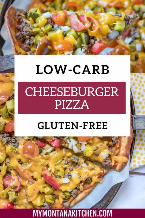 Indulge in the ultimate comfort food without guilt! This low-carb cheeseburger pizza is a perfect combination of juicy beef, melted cheese, and savory toppings on a crispy crust. Satisfy your cravings with this delicious and healthy alternative to a classic burger, all while staying on track with your low-carb diet. It's a perfect low-carb dinner idea! Low Carb Crust, Low Carb Cheeseburger, Montana Kitchen, Cheeseburger Pizza, Classic Burger, Healthy Low Carb Dinners, Delicious Low Carb Recipes, Trim Healthy Mama Recipes, Keto Dinners