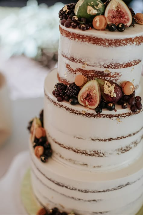 After sentimental toasts by the wedding party, Josephine and Brendan cut their gorgeous, 3-tiered naked cake that was decorated with fresh figs, blackberries, grapes, and gold flakes. This delicious confection, along with a macaron display was provided by Farina Bakery. The party continued with dancing under the tent’s lovely bistro lighting, as well as a never to be forgotten bouquet toss! Wedding Cake Figs, Wedding Cake With Figs, Boho Blush Wedding, Cake With Figs, Wedding Cake Beautiful, Macaron Display, Engagement Party Cake, Rustic Spring Wedding, Wedding Macarons