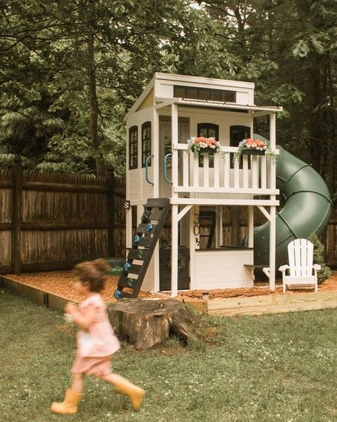 Kidkraft Cozy Escape Playhouse, Backyard Design With Playset, Backyard With Playset, Kids Swingset Ideas, Diy Playset Outdoor, Cozy Escape Playhouse, Playset Landscaping, Playset Makeover, Playset Ideas