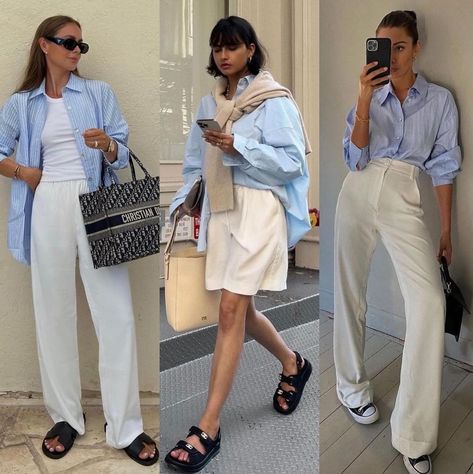 1, 2 or 3? | Instagram Baby Blue And White Outfit, Edgy Work Outfits, Looks For Summer, Blue And White Outfits, Baby Blue Shirt, Strip Blouse, Blue Button Up Shirt, White Trousers, Yes Or No