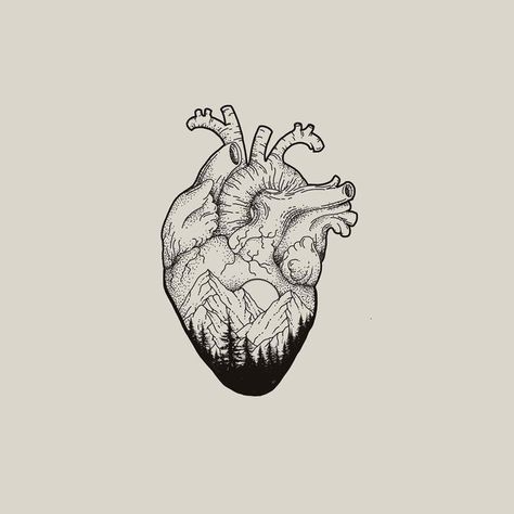 Heart And Mountain Tattoo, Heart With Mountains Tattoo, Small Heart Tattoo Men, Heart Tattoo Man, Mens Love Tattoos, Mountain Heart Tattoo, Heart Compass Tattoo, Nature Heart Tattoo, Cracked Heart Tattoo