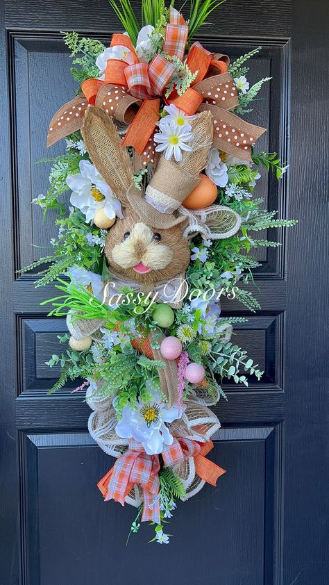 Easter Swag, Easter Wreath, Easter Bunny Wreath, Easter Swag With Bunny, Easter Wreath For Front Door, Sassy Doors Wreath, Evergreen Swag, Easter Swags, Easter Door Decor, Easter Door Hanger, Easter Craft Decorations, Easter Items, Easter Door, Floral Arrangements Diy, Easter Bunny Wreath