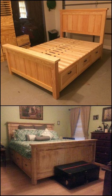 . Diy Bed Frame Easy, Farmhouse Bed, Small Bedroom Storage, Diy Platform Bed, Diy Bed Frame, Bed Storage Drawers, Diy Furniture Bedroom, Farmhouse Bedding, Bed With Drawers