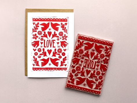 Valentine Love Cards, A Level Art Sketchbook, 5x7 Cards, Valentine Print, Birds And Flowers, Valentine Love, First Anniversary, Printing Ink, Block Printing