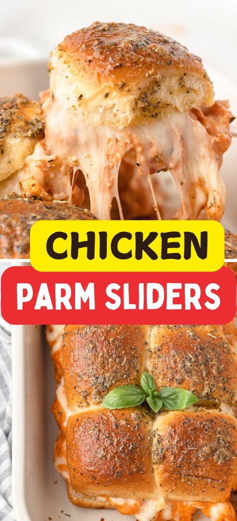 Cheesy, savory, and easy to make! These Chicken Sliders are perfect for parties, potlucks, or a quick family dinner. Made with two types of cheese and a delicious marinara sauce. Chicken Parmesan Sliders Recipe, Easy Chicken Sliders, Easy Chicken Parm, Chicken Parm Sliders, Parm Sliders, Chicken Parmesean, Parmesan Sliders, Chicken Parmesan Sliders, Sliders Recipes Chicken