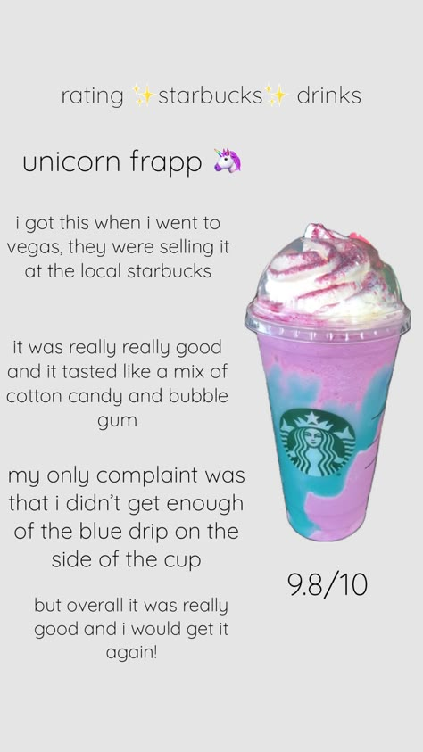 Pretty Starbucks Drinks, Special Starbucks Drinks, Diy Starbucks Coffee, Frappe Drinks, Starbucks Smoothie, Unicorn Drink, Starbucks Copycat Recipes Drinks, Cotton Candy Drinks, Starbucks Drink Menu