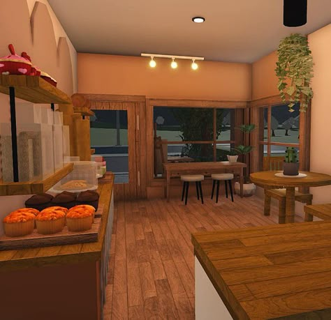 Bloxburg Cafe Interior Ideas, Fall Cafe Bloxburg, Bloxburg Cafe Layout, Bloxburg Town Layout, Bloxburg Cafe, Scandinavia House, Bakery Interior, Bloxburg Builds, House Decorating Ideas Apartments