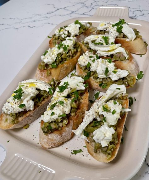 Olive Tapenade and Burrata Crostinis Happy Hour At Home, Impressive Appetizers, Olive Tapenade, Sliced Baguette, Sandwiches For Lunch, Soup Dinner, Dessert Shop, Green Olives, Holiday Appetizers