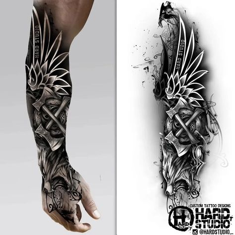 Tattoo designs gallery🖼🎨 on Instagram: "@hardstudio_ Want a tattoo but can't find a design? Order your custom tattoo design here 👉@hardstudio_ . . . ⚠️⚠️If our publication violates your copyright, please write to us @ta2admin 😊 ✔any style ✔any size ✔any content 👀 #tattoodesign #sketchbook #tattoosketches #inksketch #inksketches #hardstudio #designtattoo #inkdesig" Viking Tattoos For Men, Voll Arm-tattoos, Tato 3d, Stammestattoo Designs, Fenrir Tattoo, Viking Tattoo Sleeve, Wolf Tattoo Sleeve, Armor Tattoo, Skull Sleeve Tattoos