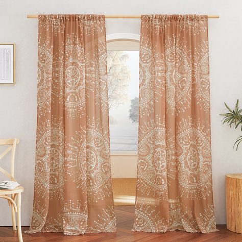 PRICES MAY VARY. Ready Made: Package includes 2 panels of semi sheer boho pattern linen curtains, each measures 52"W (104"W for pair), with a 1.9" diam rod pocket which is much more casual to suit standard or decorative curtain rod. Boho-chic Pattern: The curtains adopt an Indian Mandala pattern to print on the white background linen burlap texture makes the curtains easy-matching with the meaning of peaceful and lucky to decorate your home. Semitransparent Sheer: By using the flax semi-sheer li Boho Curtains Living Room, Cortina Boho, Cortinas Boho, Cozy Boho Living Room, Living Room Farmhouse, Drapes For Living Room, Decorative Curtain Rods, Neutral Bedrooms, Boho Curtains