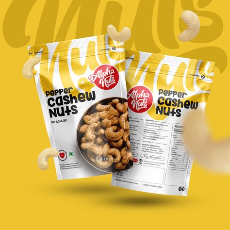 Alpha Nuts Cashew pouch design - 6/8/2020 Cashew Pouch Design, Nuts Design Ideas, Food Packaging Graphic Design, Stand Pouch Packaging Design, Nuts Package Design, Typographic Packaging Design, Cashew Nut Packaging Design, Snack Label Design, Cashew Packaging Design