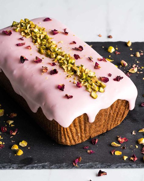 Cardamom Loaf, Pistachio Cardamom, Rose Pistachio, Baking Photography, Eggless Desserts, Sugar Frosting, Pistachio Cake, Eggless Cake, Rose Cake