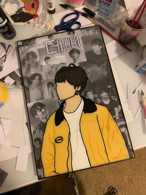 Jungkook Aesthetic Painting, Jungkook Acrylic Painting, Jungkook Glass Painting, Glass Painting Designs Aesthetic, Kpop Glass Painting, Glass Painting With Acrylic Paint, Aesthetic Glass Painting, Glass Painting Aesthetic, Bts Glass Painting