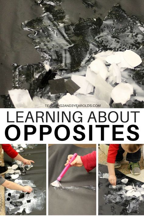 Preschoolers can learn about opposites while sorting black and white pieces during circle time. These pieces can then be part of a group collage art activity. #art #opposites #preschool #circletime #colorsorting #collage #classroom #earlychildhood #AGE3 #AGE4 Opposite Lesson Plans Preschool, Preschool Opposites Activities, Opposites Preschool Activities, Opposites Activities Preschool, Art Opposites, Collage Classroom, Preschool Opposites, Playing Preschool, Group Collage