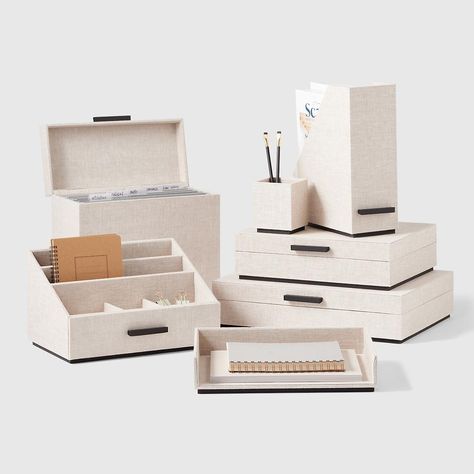 Marie Kondo Harmony Linen Magazine File | The Container Store Desk Organization Containers, Desktop Drawer Organizer, Desk Accessories Chic, Organization Containers, Leather Desk Organizer, Modern Desk Accessories, Desk Organizer Tray, Pretty Desks, File Folder Organization