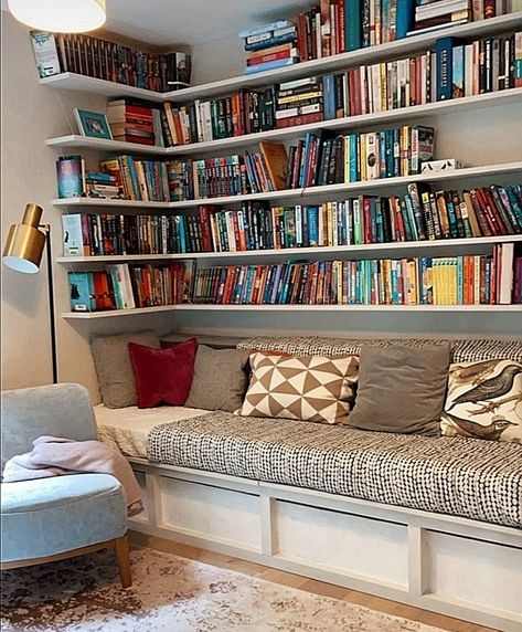 L Corner Shelves, Reading Nook Book Shelves, Corner Shelves Books, Corner Shelves For Books, Reading Nook Floating Shelves, Reading Corner Shelves, Corner Shelves Above Bed, Floating Shelves Bedroom Books, Book Alcove